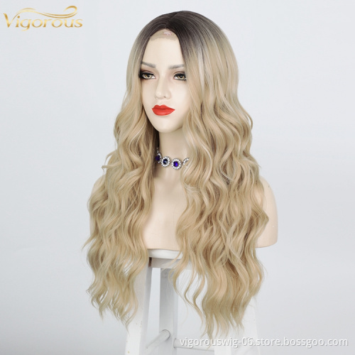 Vigorous Long Blonde Body Wave Full Synthetic Lace Wigs for Black Women Middle Part Ombre Dark Root Heat Resistant Fiber Wig